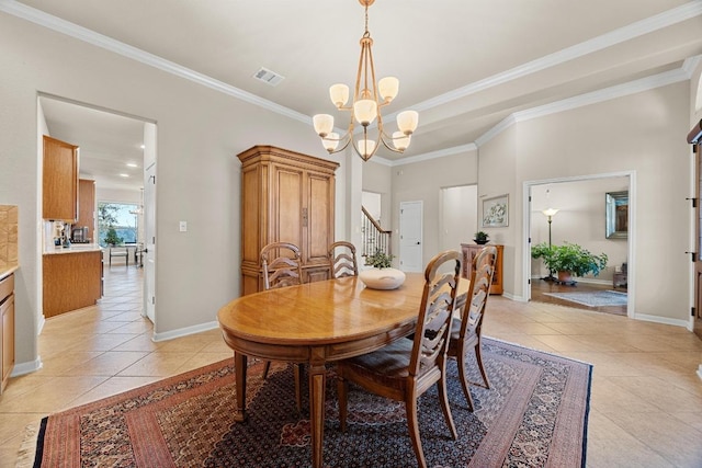 dining area with visible vents, a notable chandelier, crown molding, light tile patterned floors, and baseboards