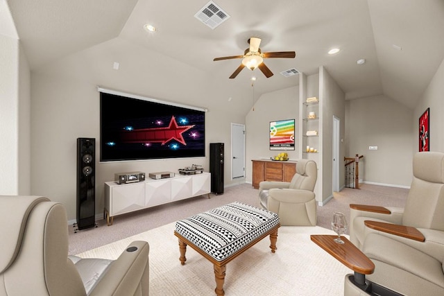 living room with lofted ceiling, a ceiling fan, and visible vents