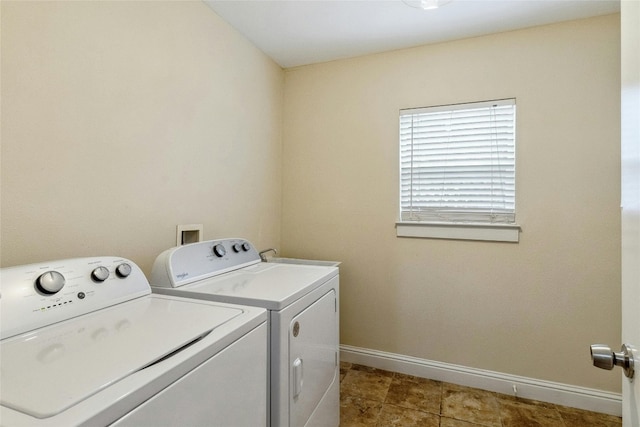 laundry room featuring laundry area, baseboards, and washing machine and clothes dryer