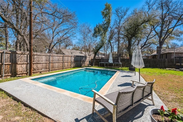 view of swimming pool with a yard, a fenced backyard, a patio, and a trampoline