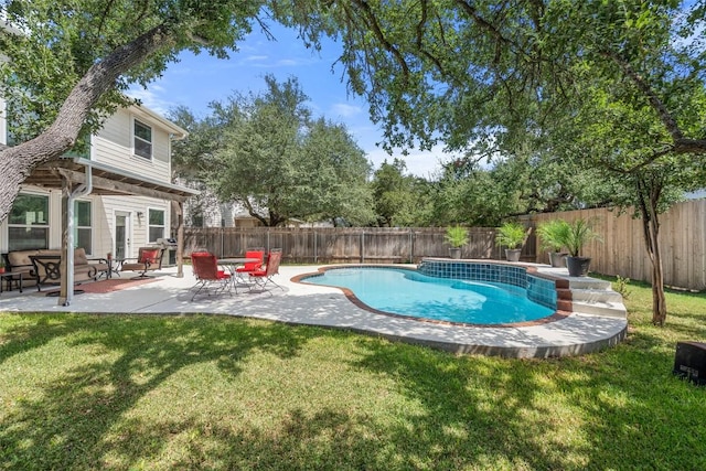 view of pool with a patio area, a fenced in pool, a fenced backyard, and a lawn