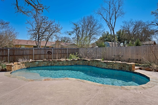 view of swimming pool featuring a fenced in pool, a fenced backyard, and a patio area