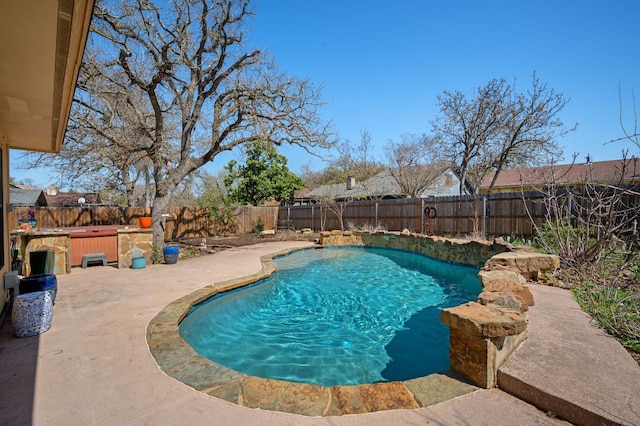 view of swimming pool featuring a fenced in pool, a fenced backyard, and a patio area