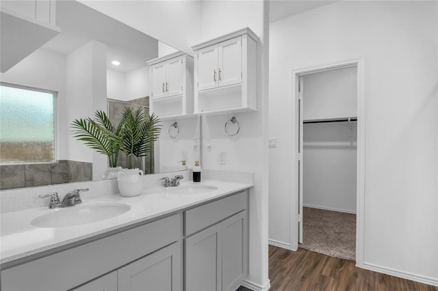 bathroom featuring double vanity, wood finished floors, a walk in closet, and a sink