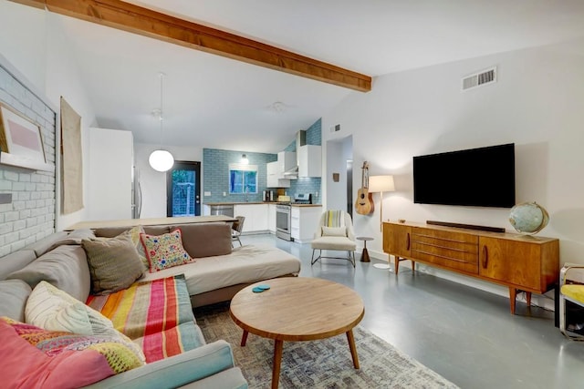 living room featuring visible vents, vaulted ceiling with beams, baseboards, and finished concrete floors