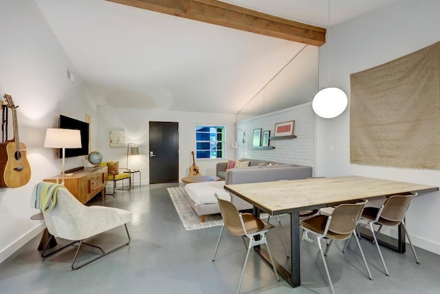 dining area featuring lofted ceiling with beams, visible vents, baseboards, and finished concrete flooring