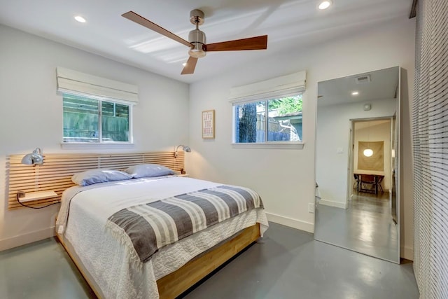 1908 Fairlawn Ln, Austin, TX 78704 - bedroom featuring finished concrete flooring, recessed lighting, and a ceiling fan