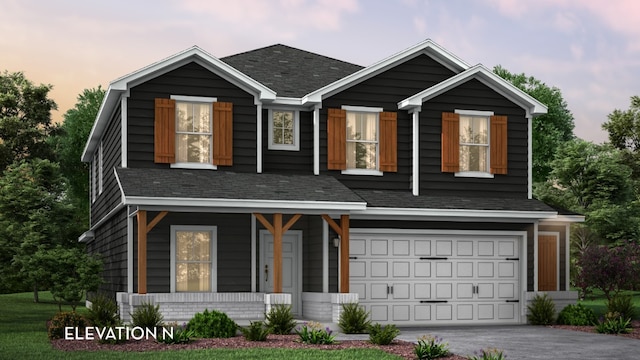 view of front of property with a porch, driveway, a shingled roof, and a garage