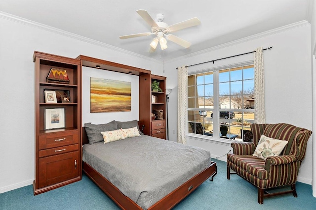 bedroom featuring carpet flooring, crown molding, and baseboards