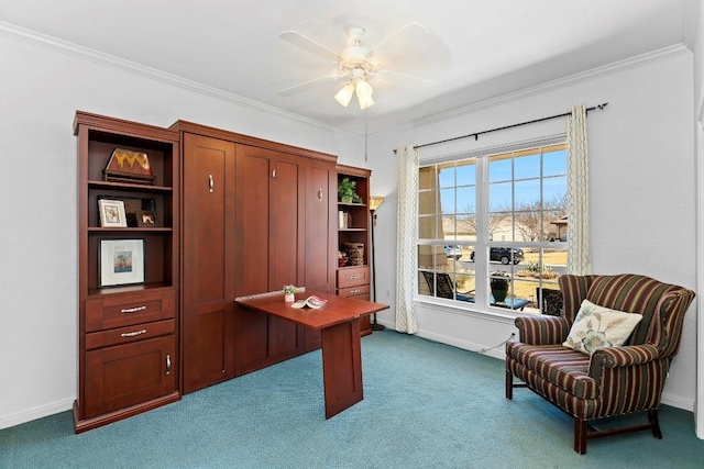 office with baseboards, crown molding, a ceiling fan, and dark colored carpet