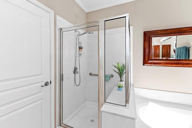 full bath featuring a shower stall and ornamental molding