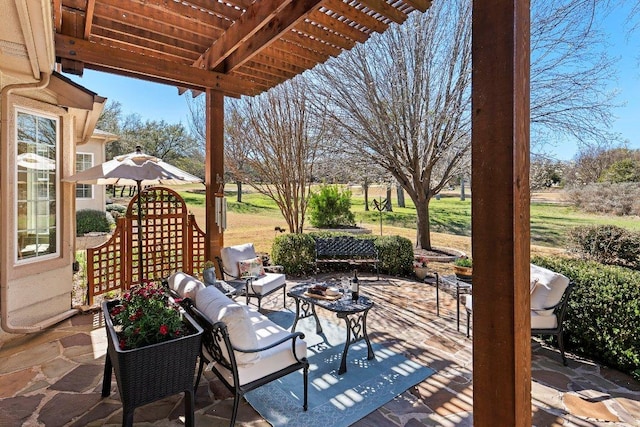 view of patio / terrace featuring outdoor lounge area and a pergola