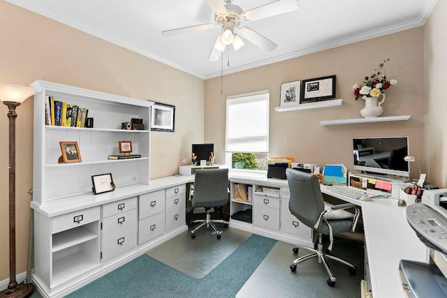 office featuring crown molding and ceiling fan