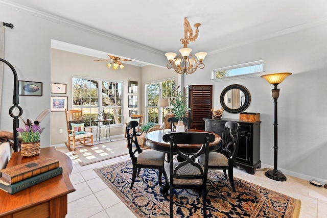 dining room with light tile patterned flooring, a chandelier, baseboards, and ornamental molding