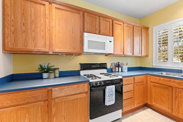 kitchen with white microwave, gas stove, and a sink