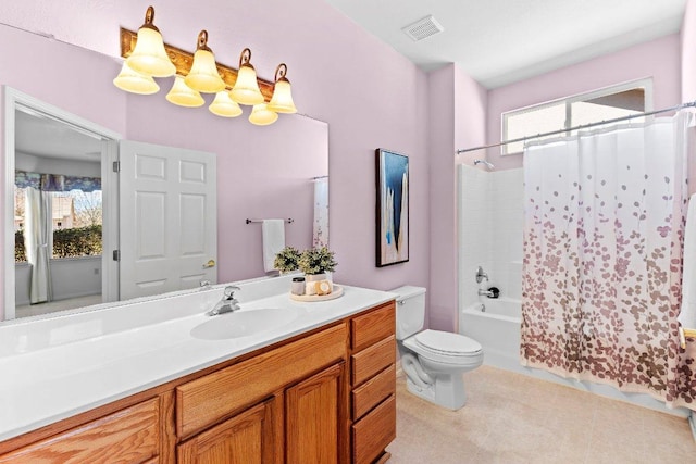 full bath featuring visible vents, toilet, shower / bath combo, and vanity