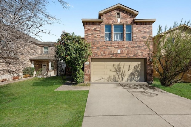 view of front of home featuring concrete driveway, a garage, brick siding, and a front lawn