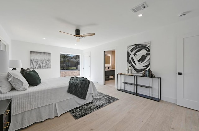 bedroom featuring visible vents, a ceiling fan, wood finished floors, recessed lighting, and baseboards