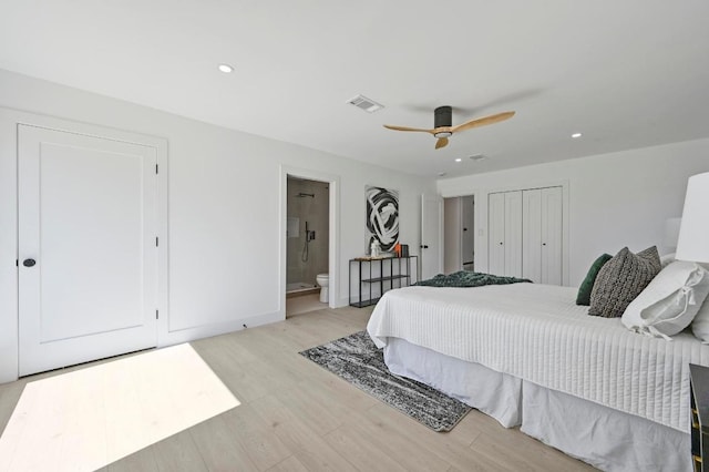 bedroom with visible vents, ensuite bathroom, a ceiling fan, recessed lighting, and light wood-style floors