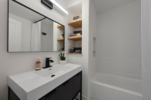 bathroom with vanity and shower / bath combination with curtain