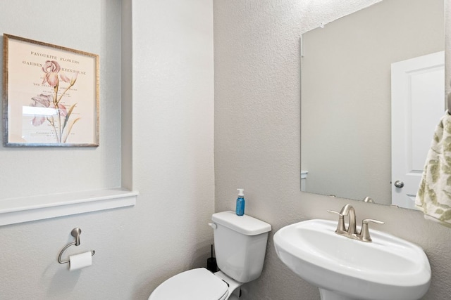 half bathroom featuring a sink, toilet, and a textured wall