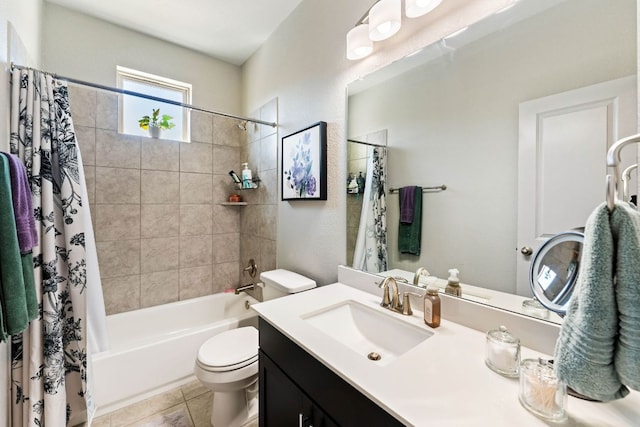 bathroom featuring tile patterned floors, toilet, vanity, and shower / bath combination with curtain