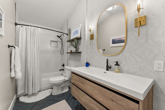 bathroom with tile patterned flooring, wallpapered walls, toilet, vanity, and shower / bathtub combination with curtain