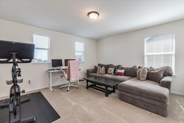 interior space with light carpet and baseboards