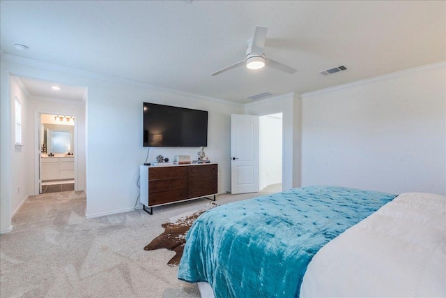 bedroom with crown molding, light colored carpet, visible vents, and baseboards