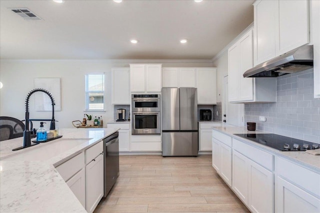 185 Six Shooter Dr, Kyle, TX 78640 - kitchen with appliances with stainless steel finishes, under cabinet range hood, crown molding, light wood-style floors, and white cabinets
