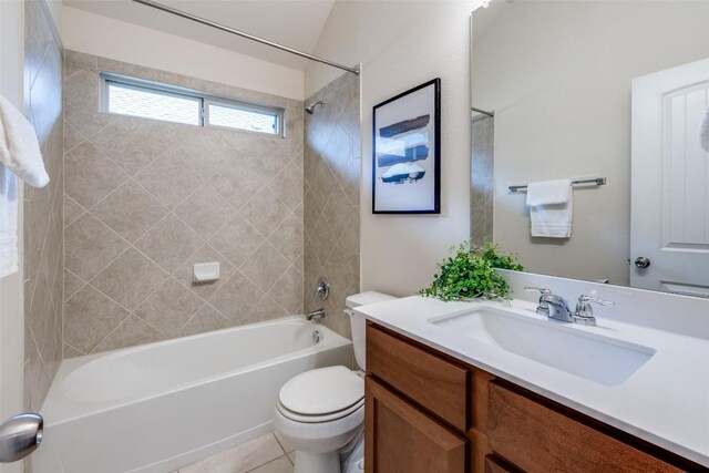 108 Trailstone Dr, Bastrop, TX 78602 - bathroom featuring tub / shower combination, toilet, vanity, and tile patterned flooring