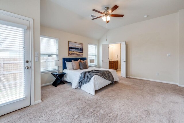 108 Trailstone Dr, Bastrop, TX 78602 - bedroom with carpet, baseboards, vaulted ceiling, a ceiling fan, and connected bathroom