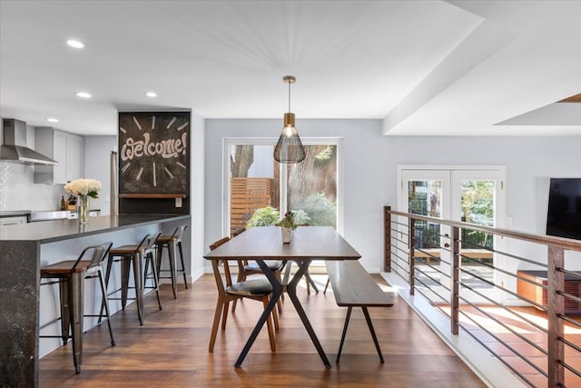 dining space with recessed lighting, french doors, baseboards, and dark wood-style floors