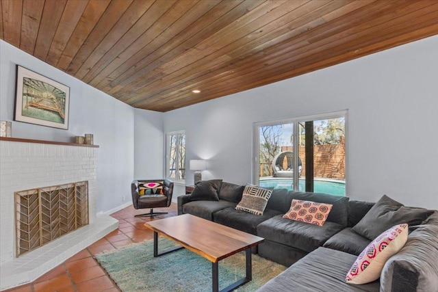 tiled living room featuring a wealth of natural light, wooden ceiling, and a fireplace