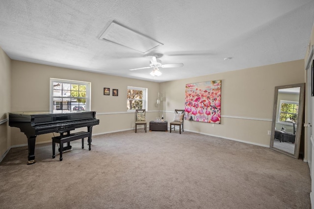1807 Morning Quail Dr, Austin, TX 78758 - living area with carpet, a textured ceiling, baseboards, and a ceiling fan