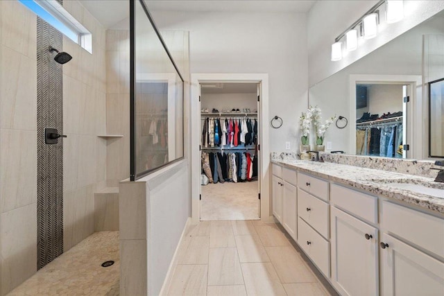 bathroom featuring a walk in closet, double vanity, a walk in shower, and a sink