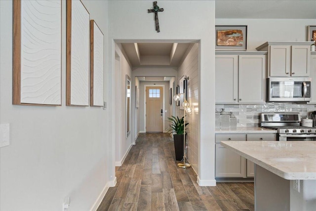 kitchen featuring backsplash, appliances with stainless steel finishes, dark wood-type flooring, and a tray ceiling