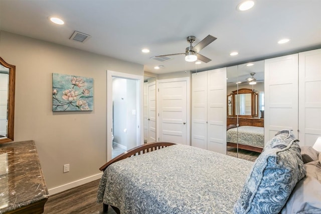 bedroom with baseboards, visible vents, recessed lighting, and dark wood-style flooring