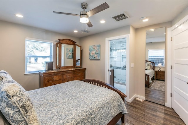 bedroom featuring recessed lighting, visible vents, dark wood-style floors, and ceiling fan