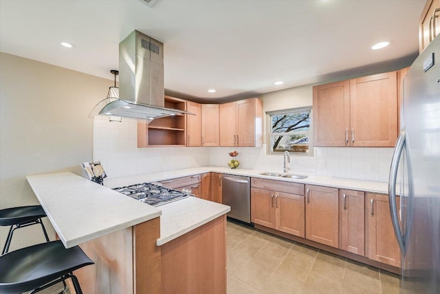 kitchen featuring a sink, appliances with stainless steel finishes, a peninsula, island range hood, and open shelves