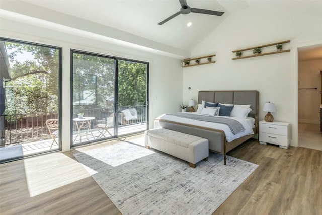 bedroom with high vaulted ceiling, a ceiling fan, access to outside, wood finished floors, and recessed lighting