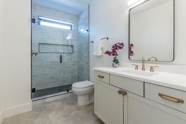 bathroom with toilet, a stall shower, and vanity