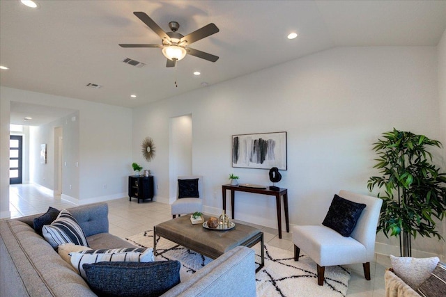 living room featuring visible vents, baseboards, ceiling fan, light tile patterned floors, and recessed lighting