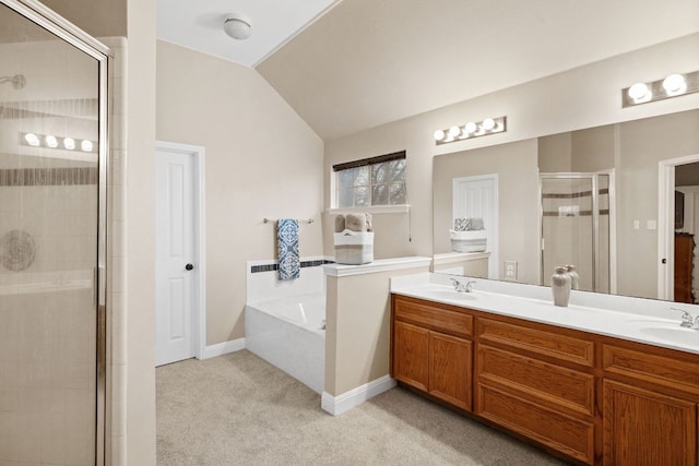 full bathroom with double vanity, vaulted ceiling, a stall shower, a bath, and a sink