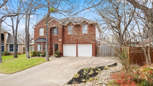 view of front of house with brick siding, an attached garage, concrete driveway, and a front lawn