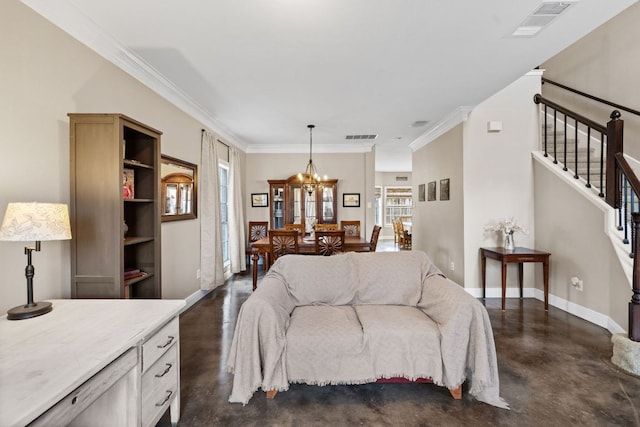 living room with visible vents, concrete floors, baseboards, a chandelier, and stairs