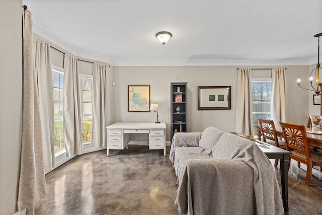 living area with an inviting chandelier, crown molding, and finished concrete floors