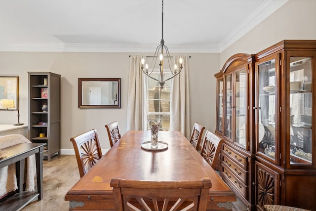 dining area featuring a notable chandelier, light colored carpet, baseboards, and ornamental molding