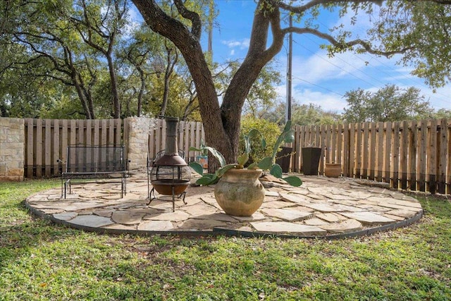 view of yard with a patio, a fenced backyard, and an outdoor fire pit