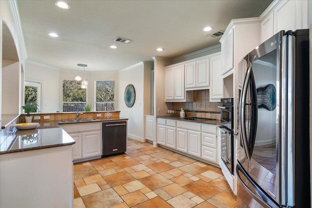 kitchen with white cabinetry, black appliances, and a sink